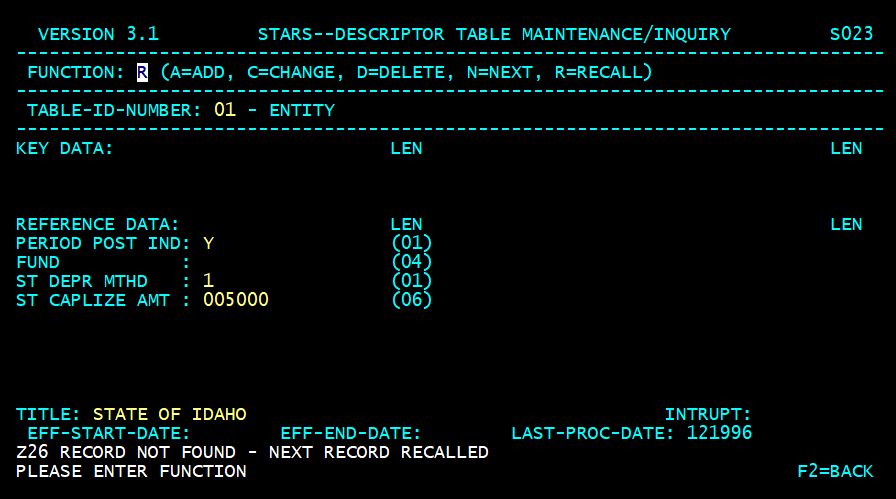 STARS descriptor table screen