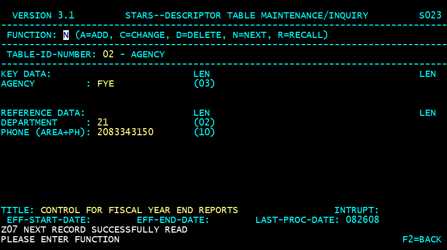 STARS descriptor table screen