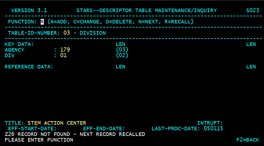 STARS descriptor table screen