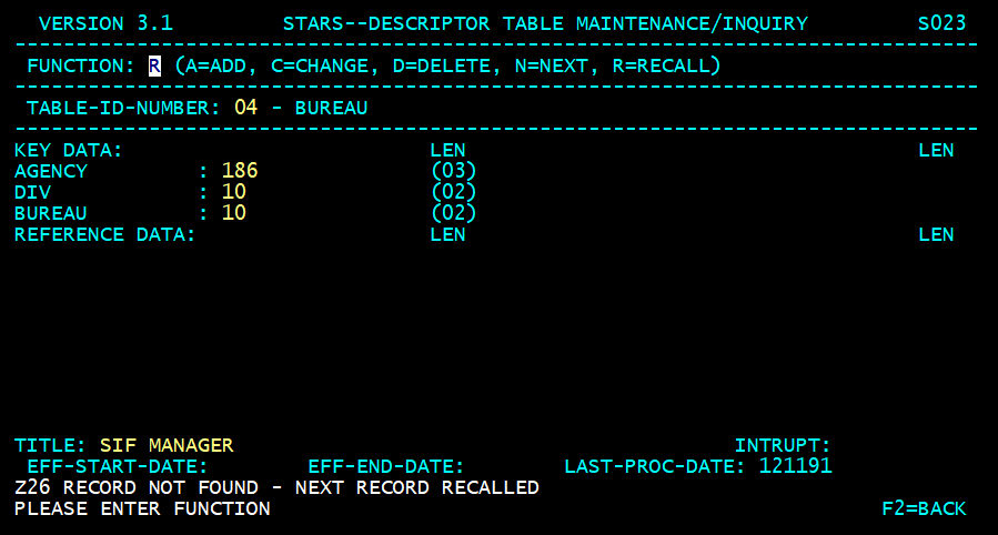 STARS descriptor table screen