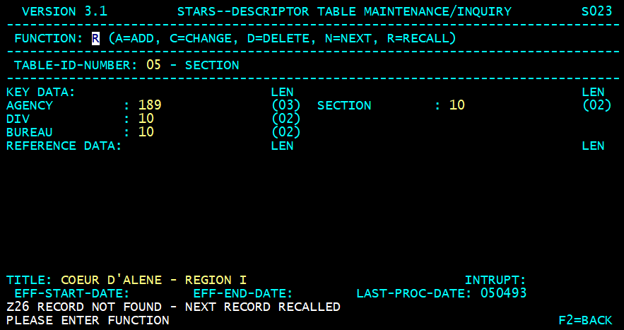 STARS descriptor table screen