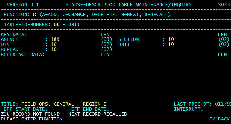 STARS descriptor table screen