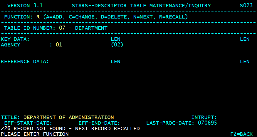 STARS descriptor table screen