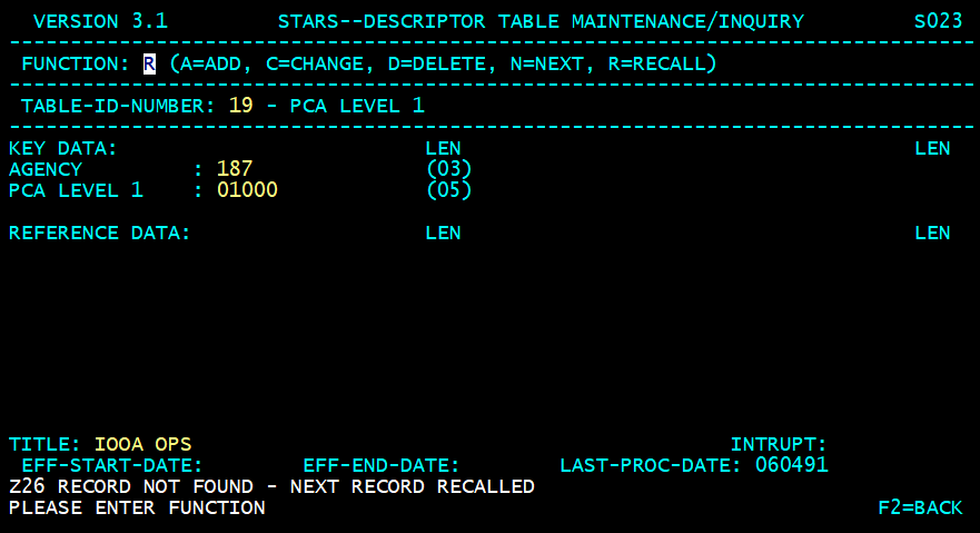 STARS descriptor table screen