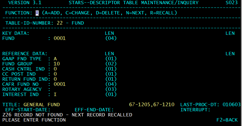 STARS descriptor table screen