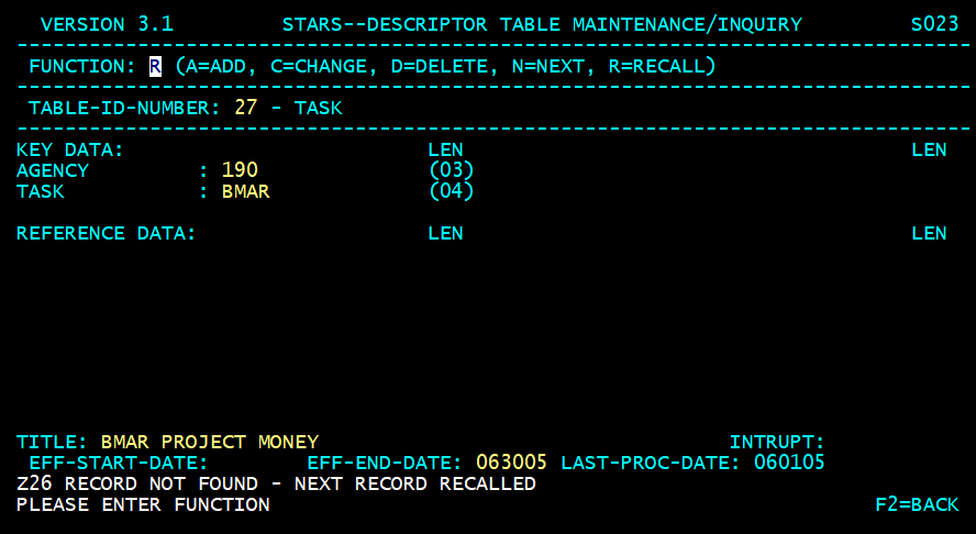 STARS descriptor table screen