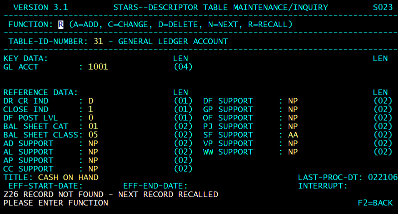 STARS descriptor table screen