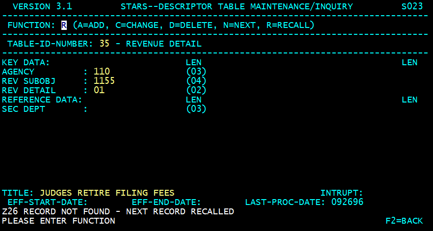 STARS descriptor table screen