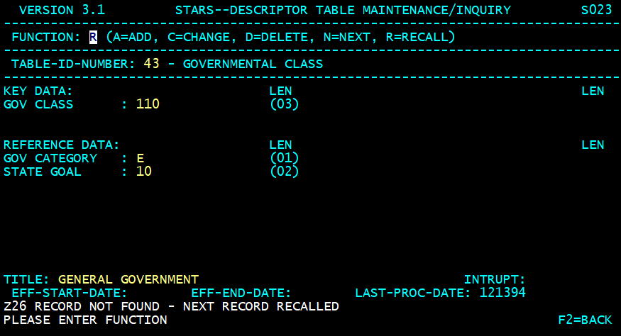 STARS descriptor table screen