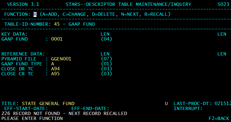 STARS descriptor table screen