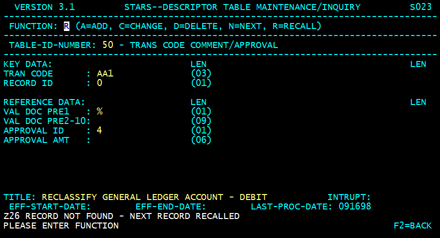 STARS descriptor table screen