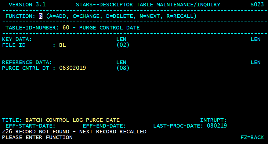 STARS descriptor table screen