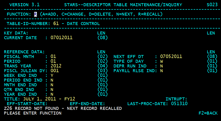 STARS descriptor table screen