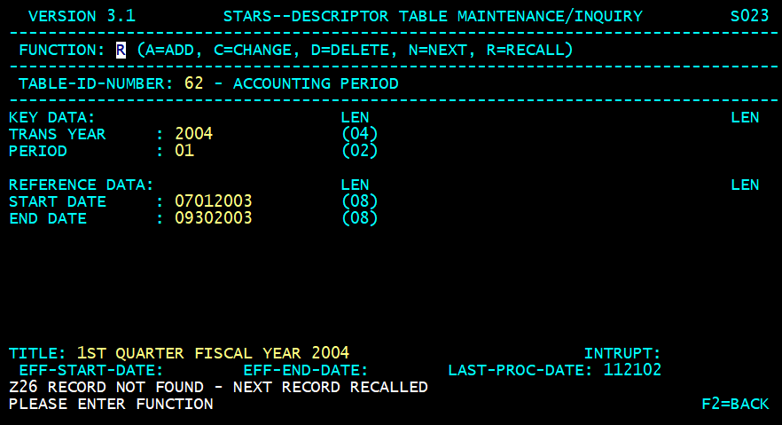 STARS descripotr table screen