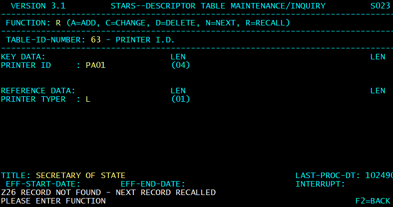 STARS descriptor table screen