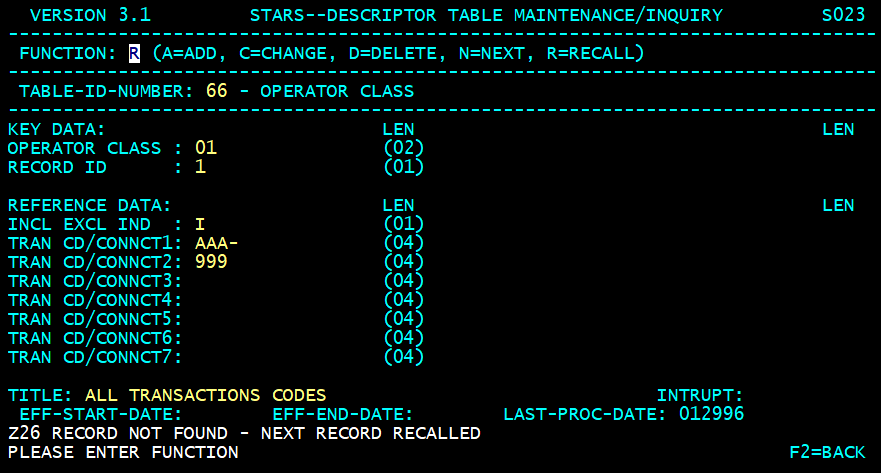 STARS descriptor table screen