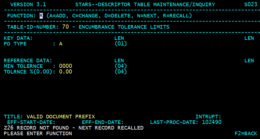 STARS descriptor table screen