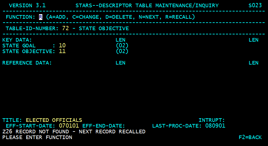 STARS descriptor table screen