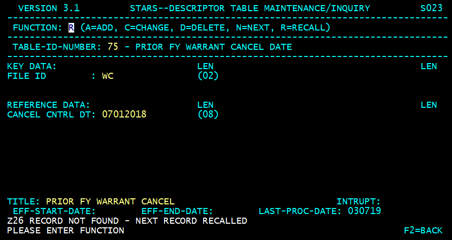 STARS descriptor table screen