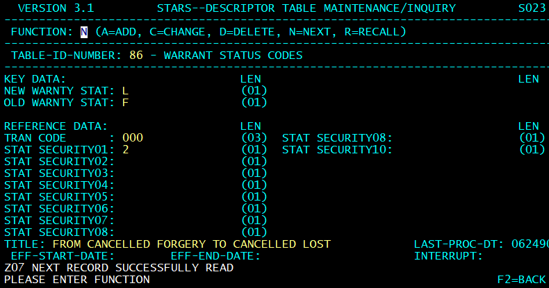 STARS descripotr table screen