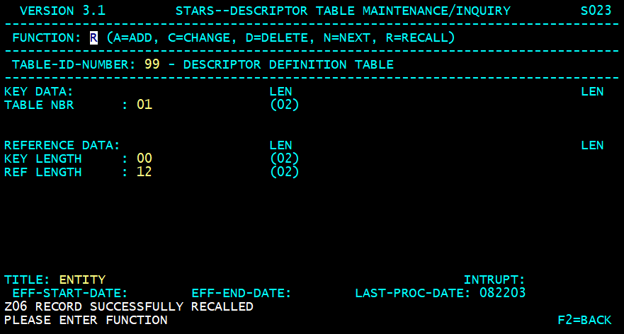 STARS descriptor table screen