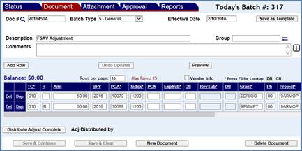 Adjustments Document screen with two rows entered