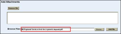 Adjustments Attachment screen with a directory path entered in the Browse Files field