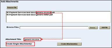 Adjustments screen with two attachments shown and the Attachment Title field and the Create Single Attachment check box highlighted