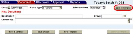 Adjustments Document screen with the Save as Template button highlighted