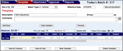 Adjustments Template screen with a new empty row