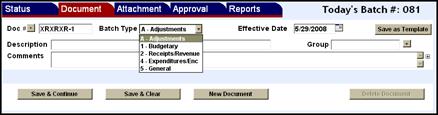 Document screen with a new document example and Batch Type drop down menu shown