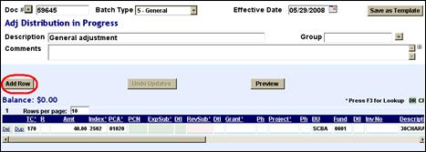 Document screen with new doucment example and Add Row button highlighted