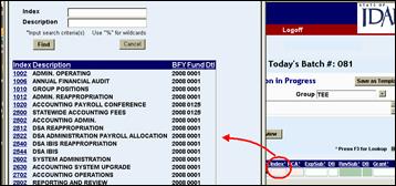  Pop up screen with a list of Index codes