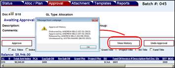 Approval screen with View History button highlighted and History pop up screen shown
