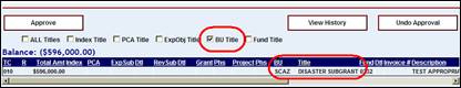 Approval screen with Budget Unit Title check box and Budget Unit Title column highlighted