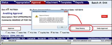 Approval screen with View History button highlighted and History pop up screen shown