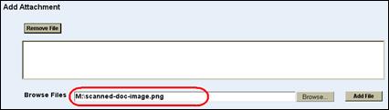 Attachments screen Browse Files filed with file directory path shown