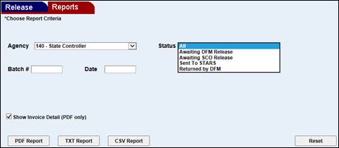 Reports screen with Status drop down menu shown