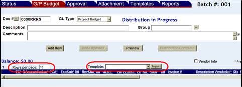 GP Budget screen with Rows per page field and the Template drop down menu highlighted