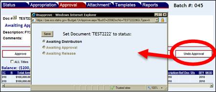 Approval screen with Undo Approval button highlighted and a pop up windows shown