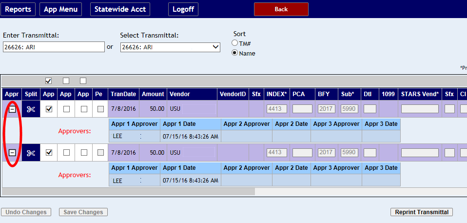 transaction rows and approval history