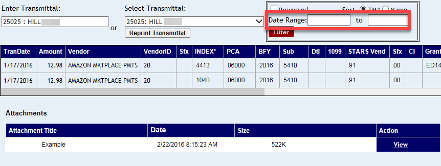 Date range fields highlighted