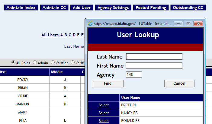 User Lookup pop up window with list of names