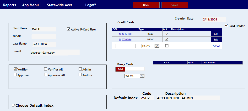 Various settings of the user profile