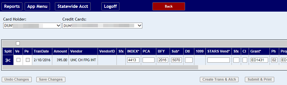 A transacton row with various fiscal codes entered