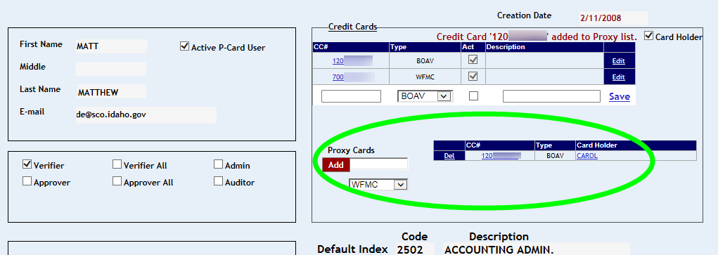 User profile screen with Proxy cards section highlighted