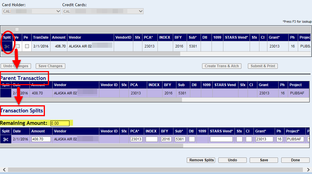 Parent and Split transaction rows with split icon highlighted