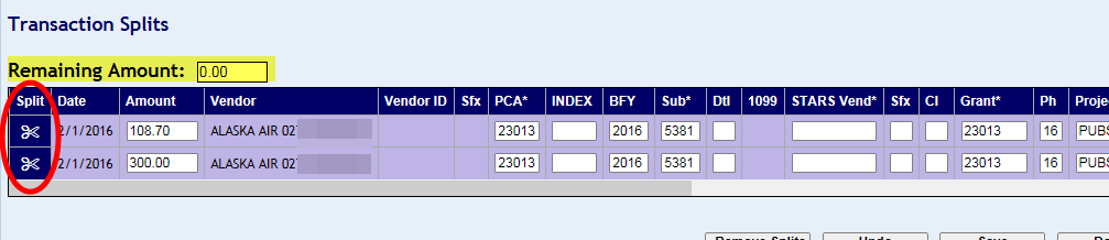 Transaction split rows and remaining amount field highlighted