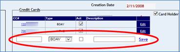 list of credit cards with new row highlighted