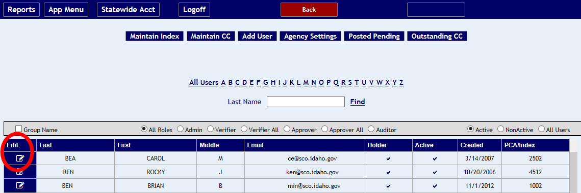 list of P-Card users with edit icon highlighted